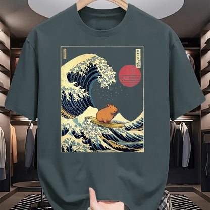 Cute Capybara Shirt, Funny Capybara Unisex T-Shirt/Hoodie/Sweatshirt HLT00 - Capybara Japanese Kanagawa Wave Funny Surf Animal T-Shirt, Men, Black, 3X-Large