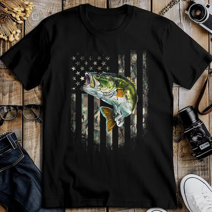Funny Fishing Shirt, Gift For Fishing Lover Unisex T-Shirt/Hoodie/Sweatshirt HLT00 - (Art on Back) American Flag Camo Bass Fish Fishing T-Shirt