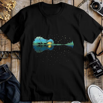 Guitar Lover Shirt, Funny Guitar UnisexT-Shirt/Hoodie/Sweatshirt HLT00 - Guitar Lake Reflections Night Sky and Moon Guitar T-Shirt, Men, Black, 3X-Large
