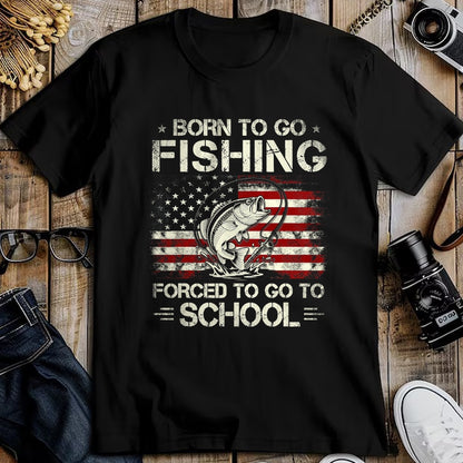 Funny Fishing Shirt, Gift For Fishing Lover Unisex T-Shirt/Hoodie/Sweatshirt HLT00 - Born to Go Fishing Forced to Go to School Bass Fishing Flag T-Shirt