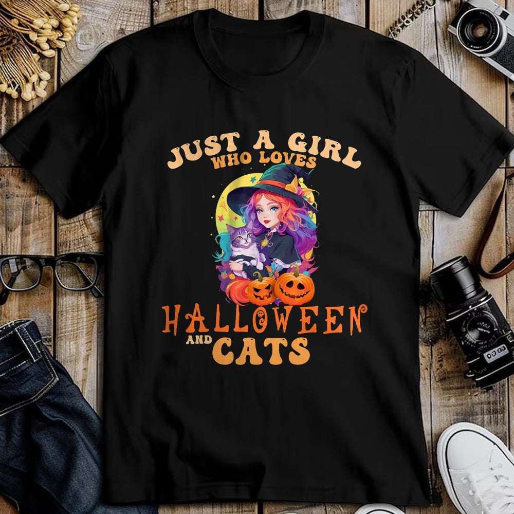 Shirt, Funny Cat Lover Gift UnisexT-Shirt/Hoodie/Sweatshirt HLT00 - Just A Girl Who Loves Halloween and Cats Spooky Fall Pumpkin T-Shirt (1)