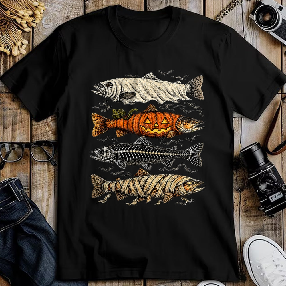 Funny Fishing Shirt, Gift For Fishing Lover Unisex T-Shirt/Hoodie/Sweatshirt HLT00 - Halloween Trout Fish Ghost Pumpkin Skeleton Mummy T-Shirt