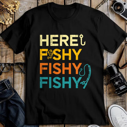 Funny Fishing Shirt, Gift For Fishing Lover Unisex T-Shirt/Hoodie/Sweatshirt HLT00 - Fishing Here Fishy Retro Fish Lover Fisherman Men Women Kids T-Shirt
