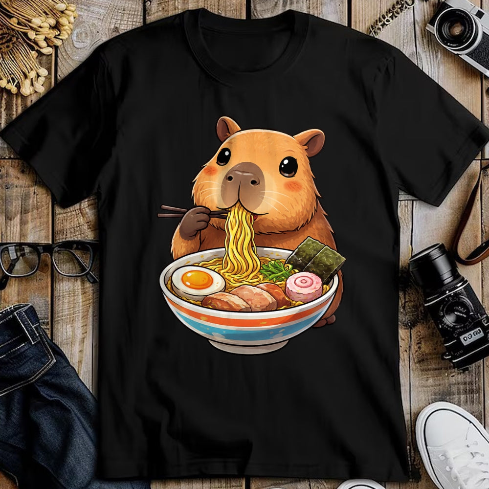 Cute Capybara Shirt, Funny Capybara Unisex T-Shirt/Hoodie/Sweatshirt HLT00 - Capybara Eating Ramen Noodles Japanese Kawaii Graphic T-Shirt