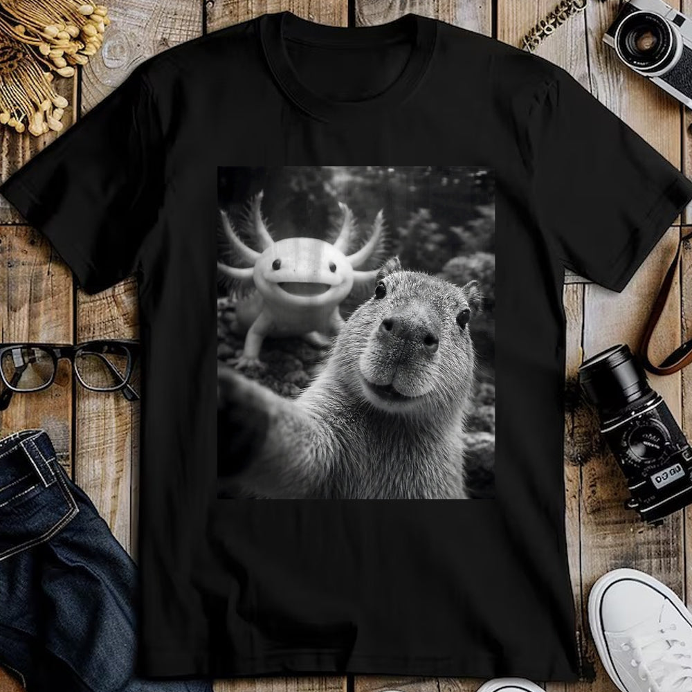 Cute Capybara Shirt, Funny Capybara Unisex T-Shirt/Hoodie/Sweatshirt HLT00 - Capybara Axolotl Selfie T-Shirt