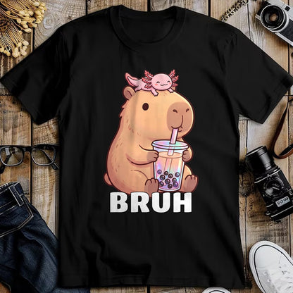 Cute Capybara Shirt, Funny Capybara Unisex T-Shirt/Hoodie/Sweatshirt HLT00 - Cute Bruh Capybara Drinking Bubble Tea Axolotl Funny Kawaii T-Shirt