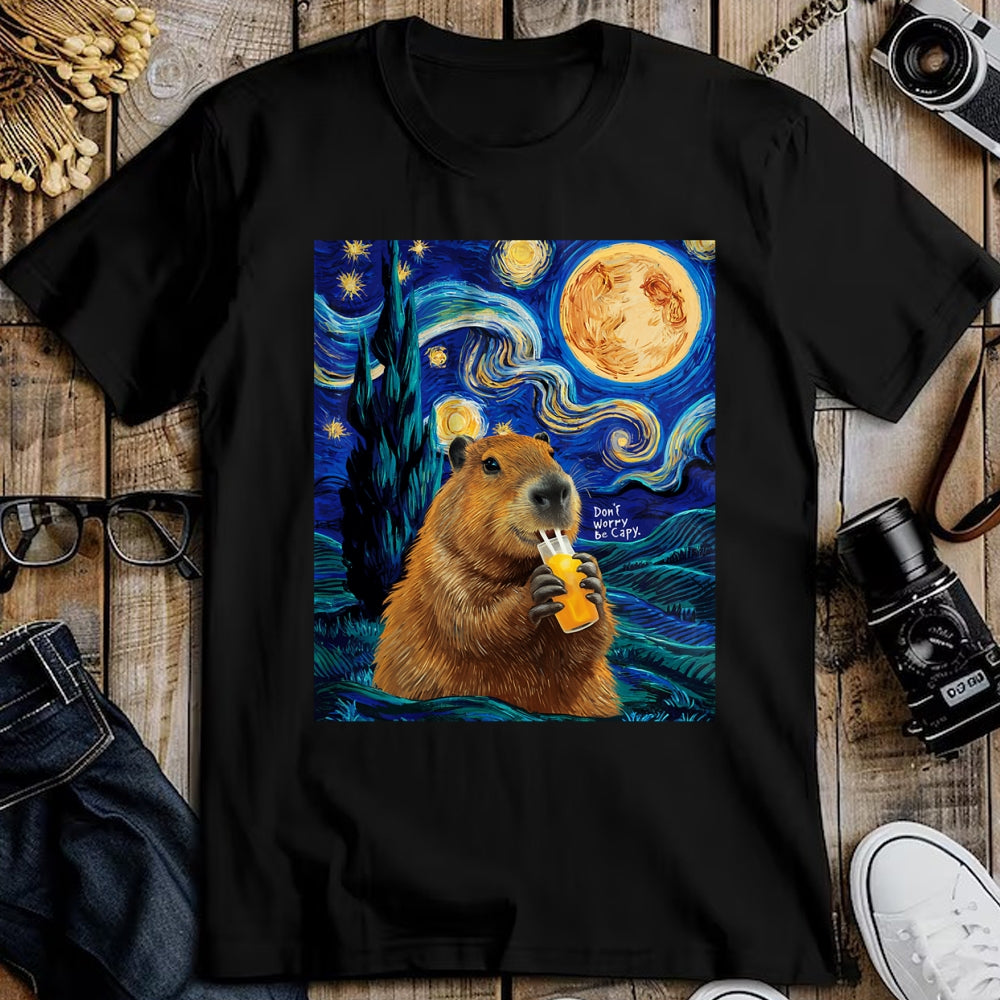 Cute Capybara Shirt, Funny Capybara Unisex T-Shirt/Hoodie/Sweatshirt HLT00 - Capybara in Van Gogh Starry Night Don_t Worry Be Capy Cappy T-Shirt