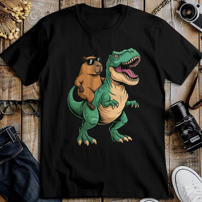 Cute Capybara Shirt, Funny Capybara Unisex T-Shirt/Hoodie/Sweatshirt HLT00 - Capybara Riding T-Rex T-Shirt