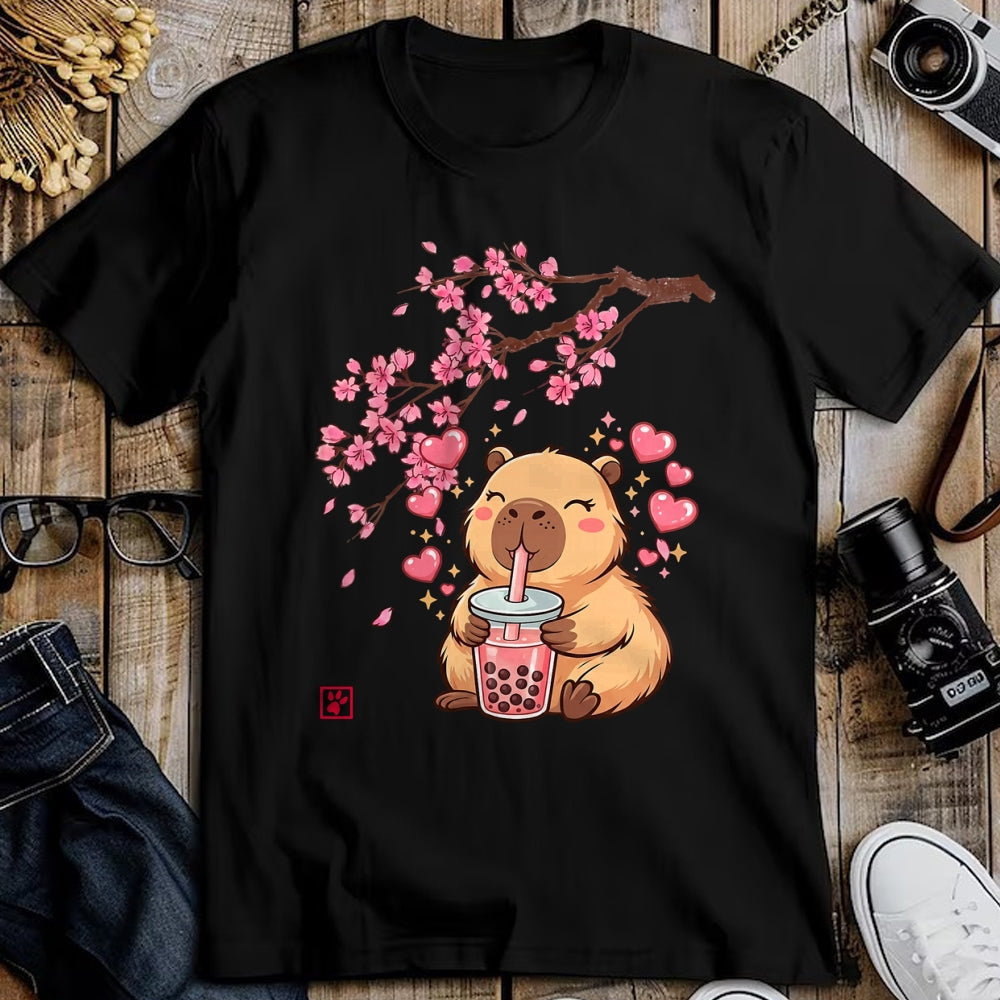 Cute Capybara Shirt, Funny Capybara Unisex T-Shirt/Hoodie/Sweatshirt HLT00 - Cute Capybara Kawaii Anime Drinking Bubble Tea Sakura Japan T-Shirt