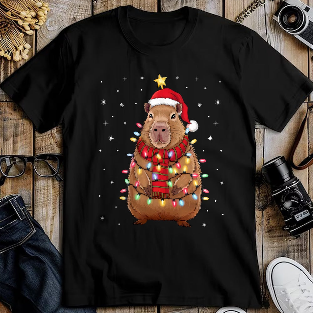 Cute Capybara Shirt, Funny Capybara Unisex T-Shirt/Hoodie/Sweatshirt HLT00 - Christmas Capybara with Santa Hat Xmas Lights Tree T-Shirt
