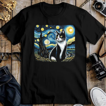 Cat Love Shirt, Funny Cat Lover Gift UnisexT-Shirt/Hoodie/Sweatshirt HLT00 - Tuxedo Cat Starry Night Painting Tuxedo Cat Owner T-Shirt, Men, Black, 3X-Large