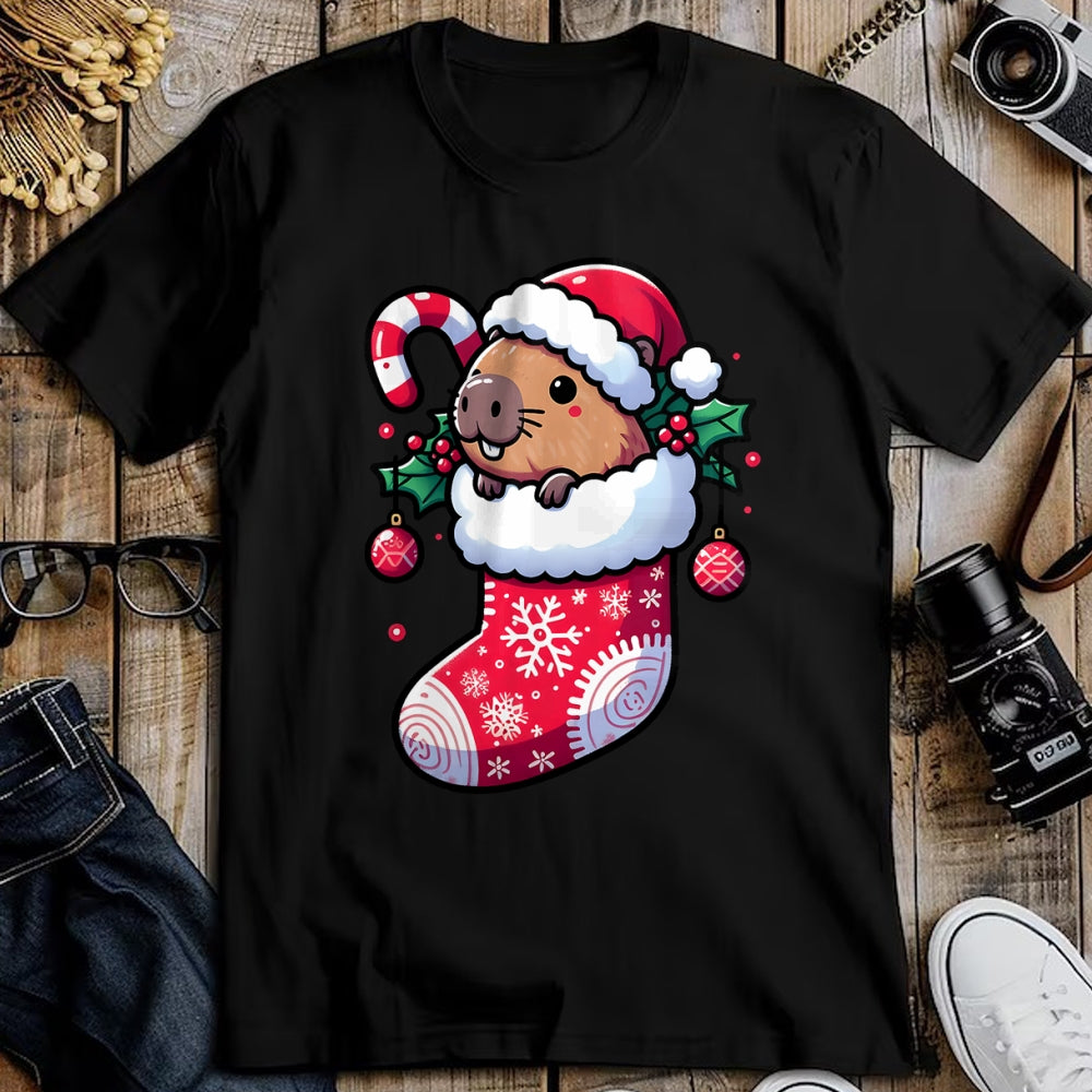 Cute Capybara Shirt, Funny Capybara Unisex T-Shirt/Hoodie/Sweatshirt HLT00 - Cute Capybara Wearing Santa Hat in Christmas Stocking Pajama T-Shirt