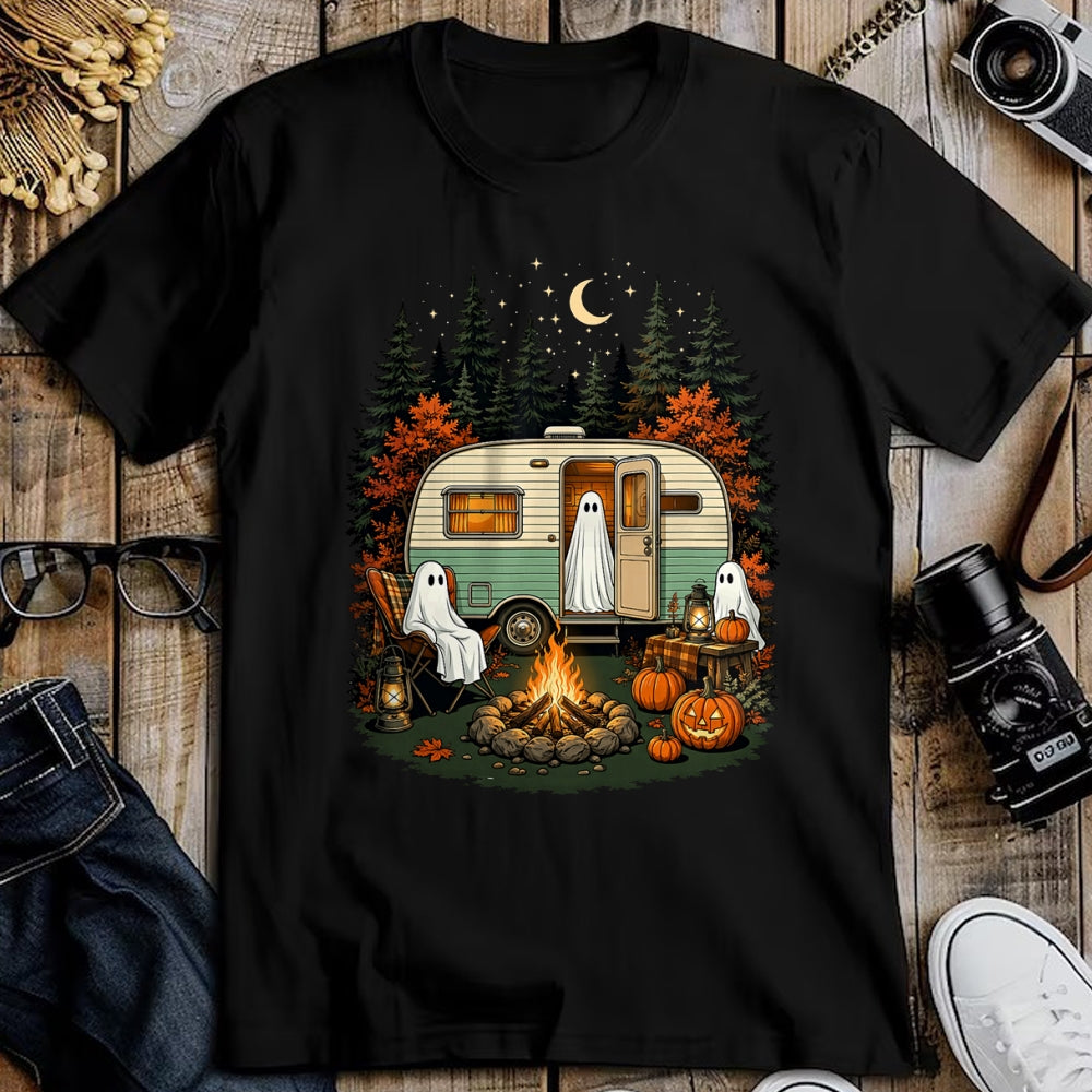 Funny Camping Shirt, Gift For Camping Lover Unisex T-Shirt/Hoodie/Sweatshirt HLT00 - Halloween Ghost Rv Camping Fall Camper Pumpkin Camper Autumn T-Shirt