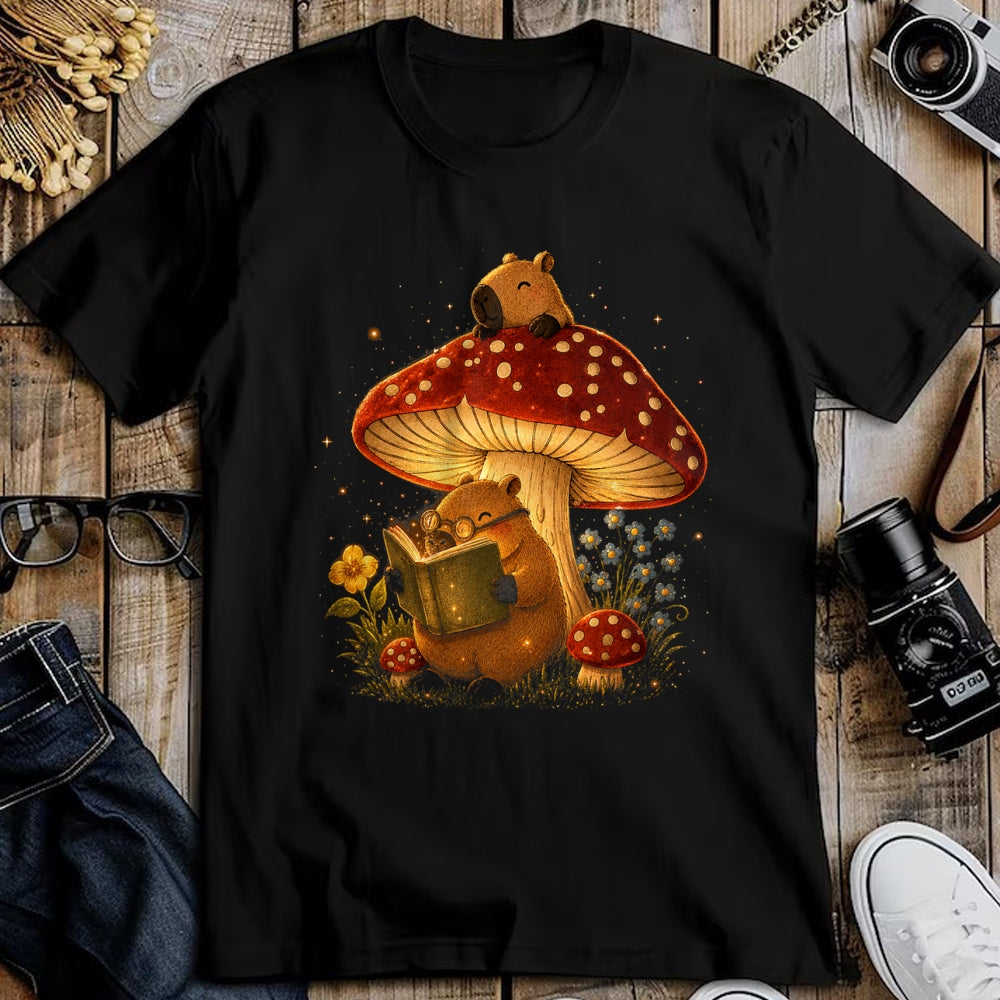 Cute Capybara Shirt, Funny Capybara Unisex T-Shirt/Hoodie/Sweatshirt HLT00 - Capybara Reading Book Mushroom Cottagecore Aesthetic Women T-Shirt