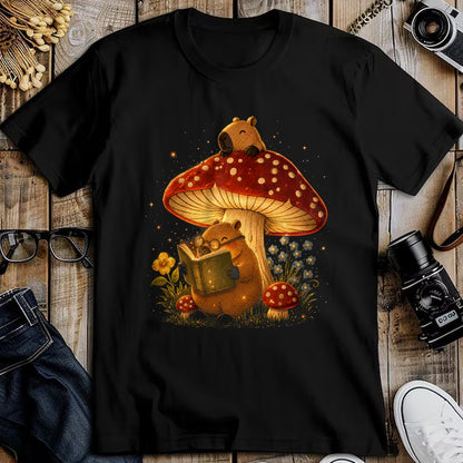 Cute Capybara Shirt, Funny Capybara Unisex T-Shirt/Hoodie/Sweatshirt HLT00 - Capybara Reading Book Mushroom Cottagecore Aesthetic Women T-Shirt
