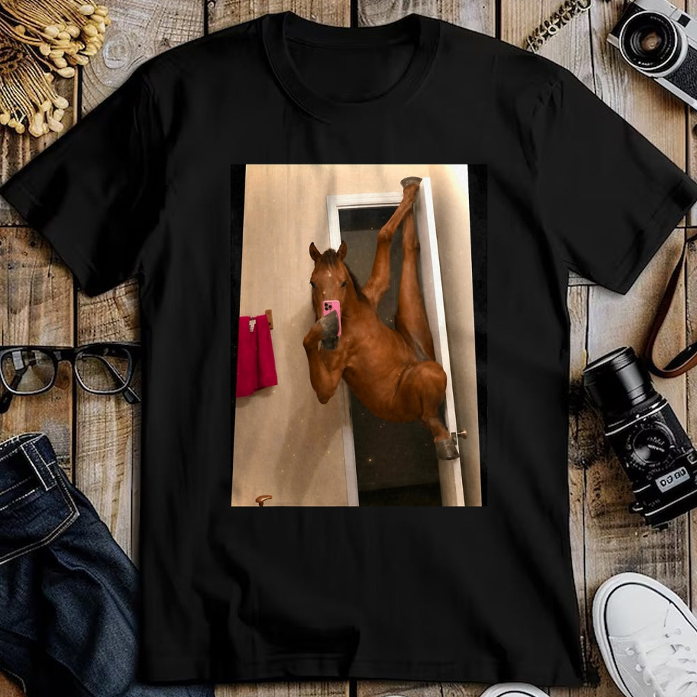 Best Horse Lover Shirt , Funny Horse UnisexT-Shirt/Hoodie/Sweatshirt HLT00 - Horse Selfie Meme Weird Door Pose T-Shirt