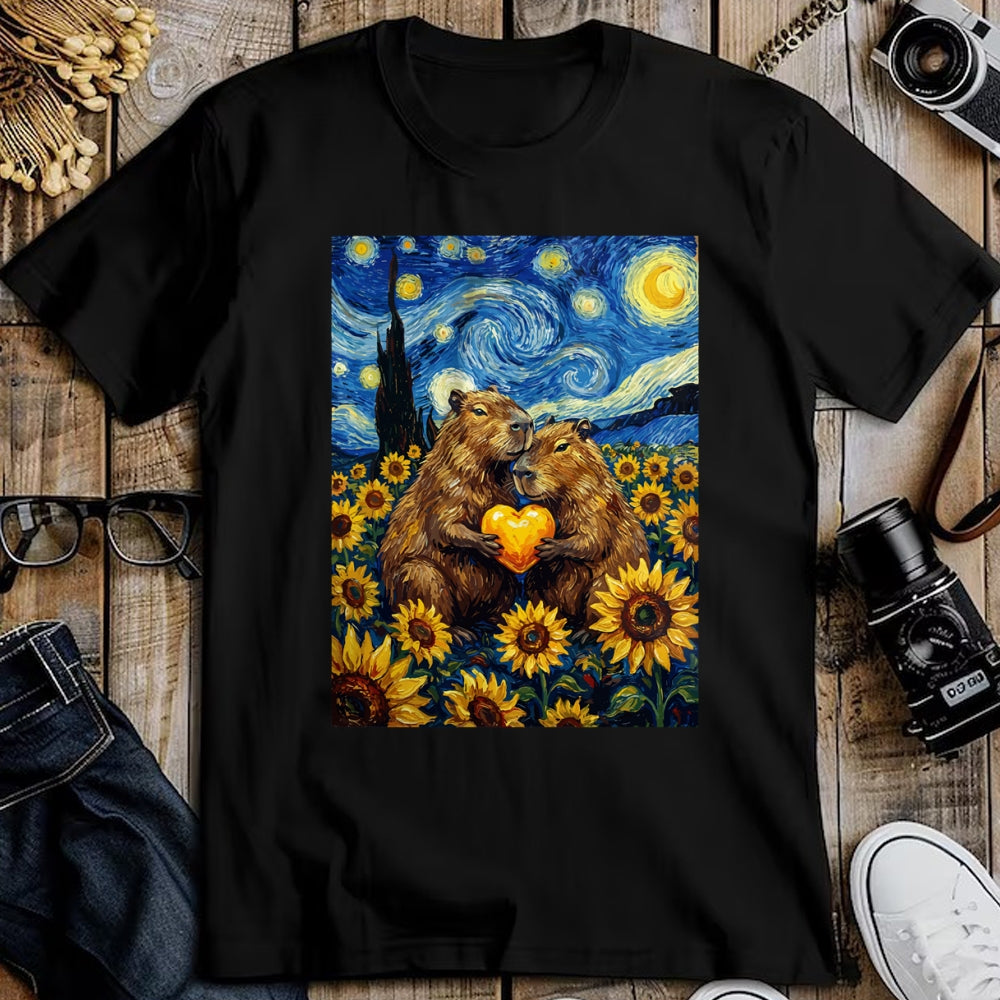 Cute Capybara Shirt, Funny Capybara Unisex T-Shirt/Hoodie/Sweatshirt HLT00 - Capybara Starry Night with Heart and Sunflowers Long Sleeve T-Shirt