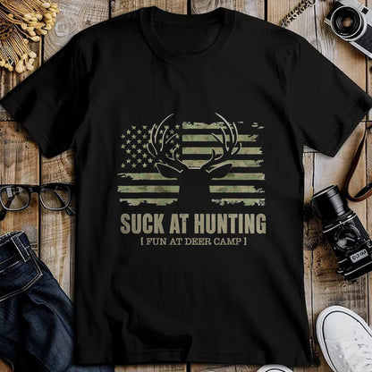 Funny Camping Shirt, Gift For Camping Lover Unisex T-Shirt/Hoodie/Sweatshirt HLT00 - Suck At Hunting Fun At Deer Camp Funny Man Hunter Camping T-Shirt
