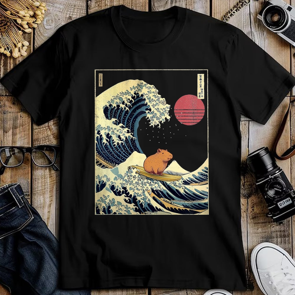 Cute Capybara Shirt, Funny Capybara Unisex T-Shirt/Hoodie/Sweatshirt HLT00 - Capybara Japanese Kanagawa Wave Funny Surf Animal T-Shirt, Men, Black, 3X-Large
