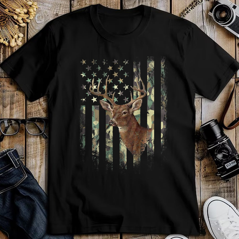 Funny Hunting Shirt, Gift For Hunting Lover Unisex T-Shirt/Hoodie/Sweatshirt HLT00 - American Flag Deer Hunting Camo T-Shirt