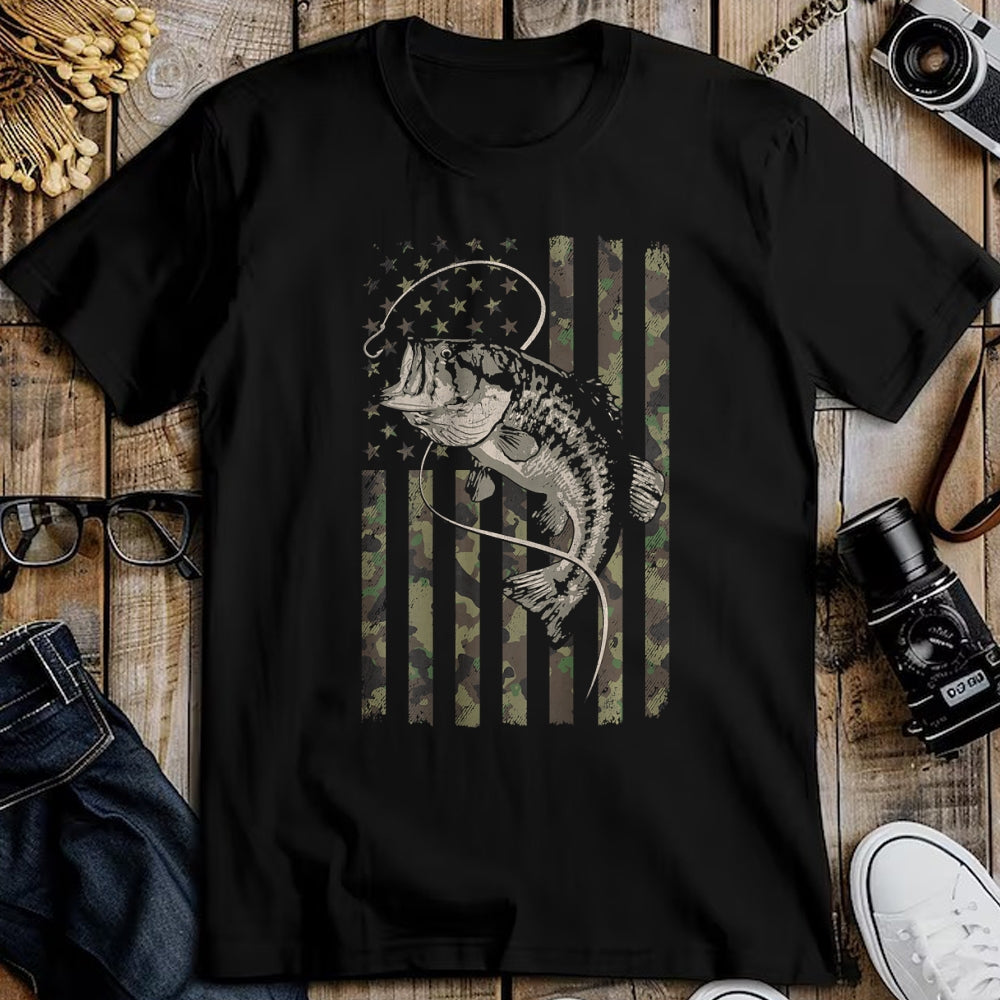 Funny Fishing Shirt, Gift For Fishing Lover Unisex T-Shirt/Hoodie/Sweatshirt HLT00 - Fishing Camo American Flag Bass Fish (Design on Back) T-Shirt