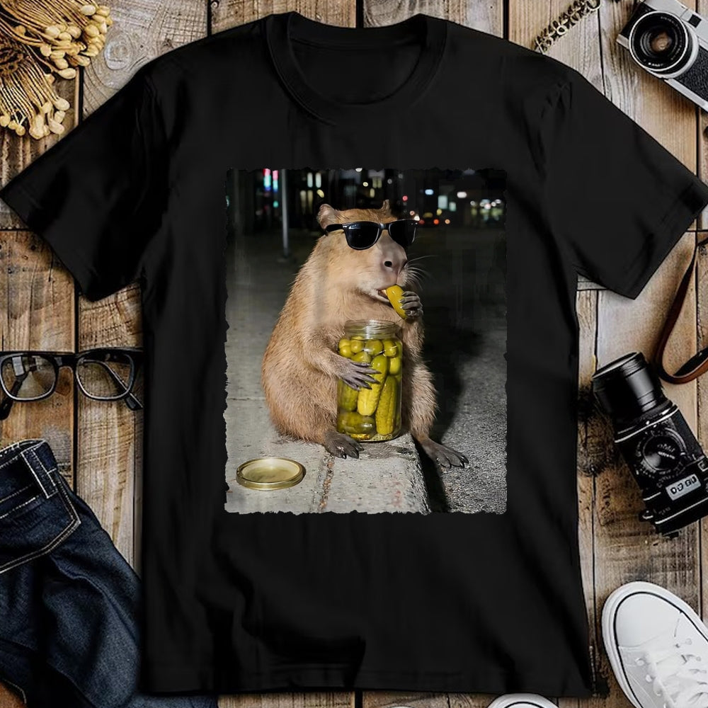 Cute Capybara Shirt, Funny Capybara Unisex T-Shirt/Hoodie/Sweatshirt HLT00 - Funny Capybara Eating Pickles Meme T-Shirt, Men, Black, 3X-Large