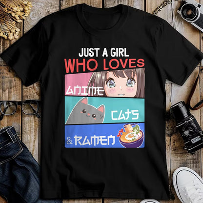 Cat Love Shirt, Funny Cat Lover Gift UnisexT-Shirt/Hoodie/Sweatshirt HLT00 - Just A Girl Who Loves Anime Cats & Ramen Lover Kawaii Otaku Long Sleeve T-Shirt