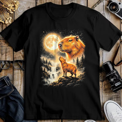 Cute Capybara Shirt, Funny Capybara Unisex T-Shirt/Hoodie/Sweatshirt HLT00 - Capybara Howling At The Moon Forest Waterfall Art T-Shirt