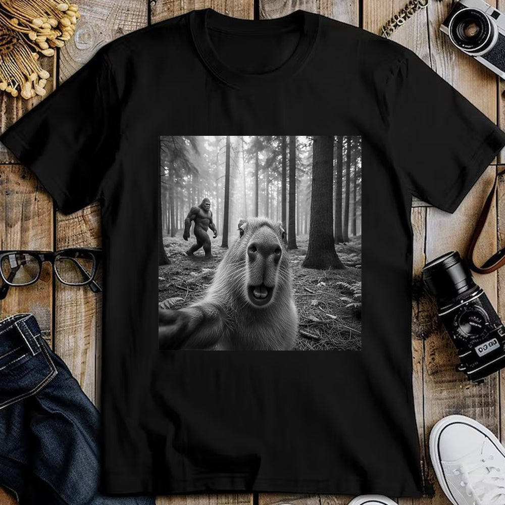 Cute Capybara Shirt, Funny Capybara Unisex T-Shirt/Hoodie/Sweatshirt HLT00 - Funny Capybara Selfie with Sasquatsch Bigfoot for Men Women T-Shirt, Men, Black, 3X-Large