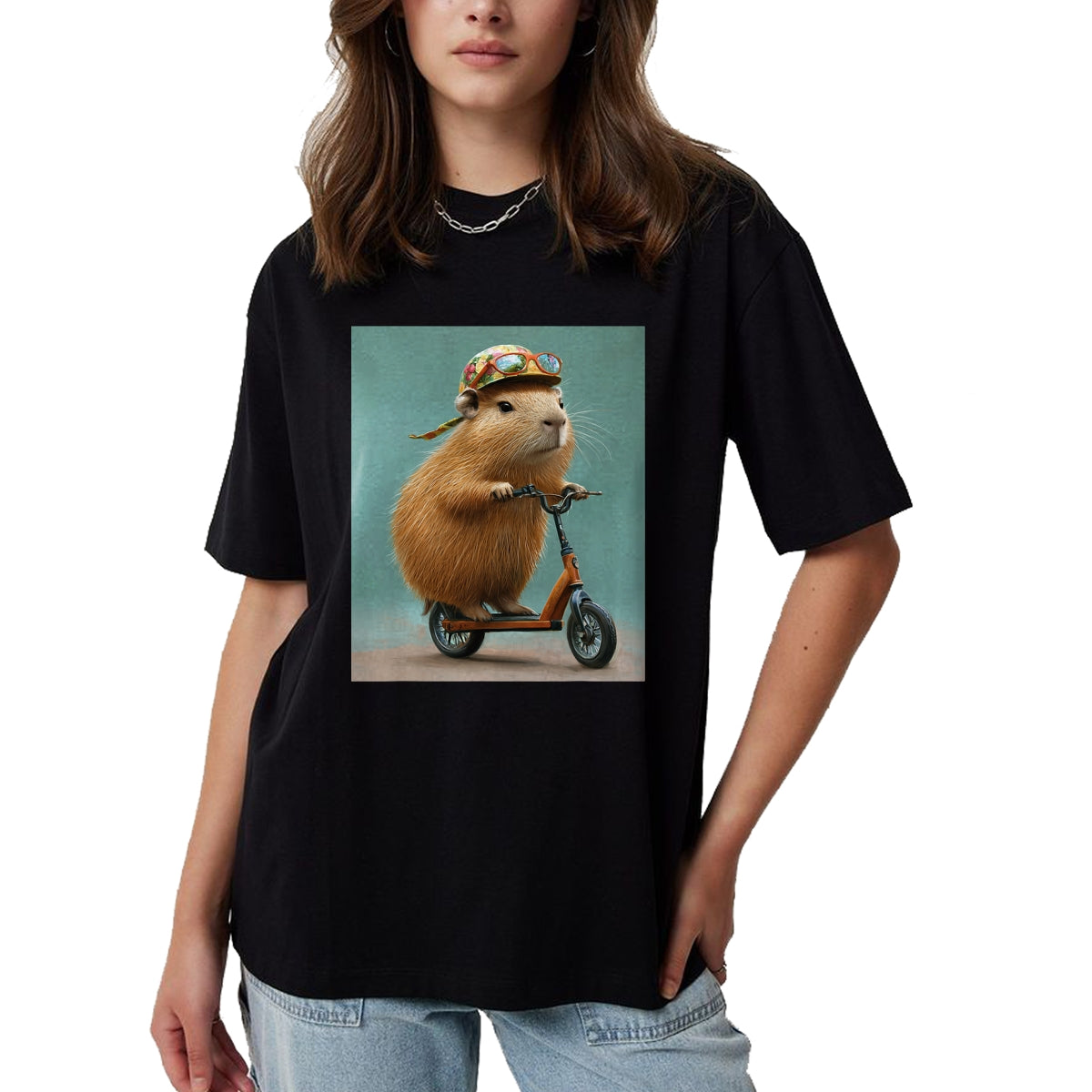 Cute Capybara Shirt, Funny Capybara Unisex T-Shirt/Hoodie/Sweatshirt HLT00 - Capybara Riding Scooter with Glasses Funny Graphic T-Shirt