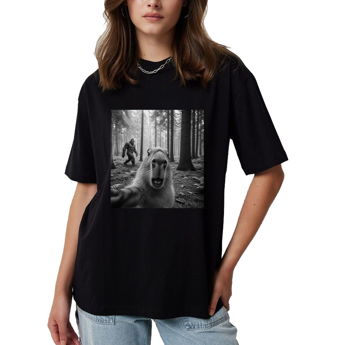 Cute Capybara Shirt, Funny Capybara Unisex T-Shirt/Hoodie/Sweatshirt HLT00 - Funny Capybara Selfie with Sasquatsch Bigfoot for Men Women T-Shirt, Men, Black, 3X-Large
