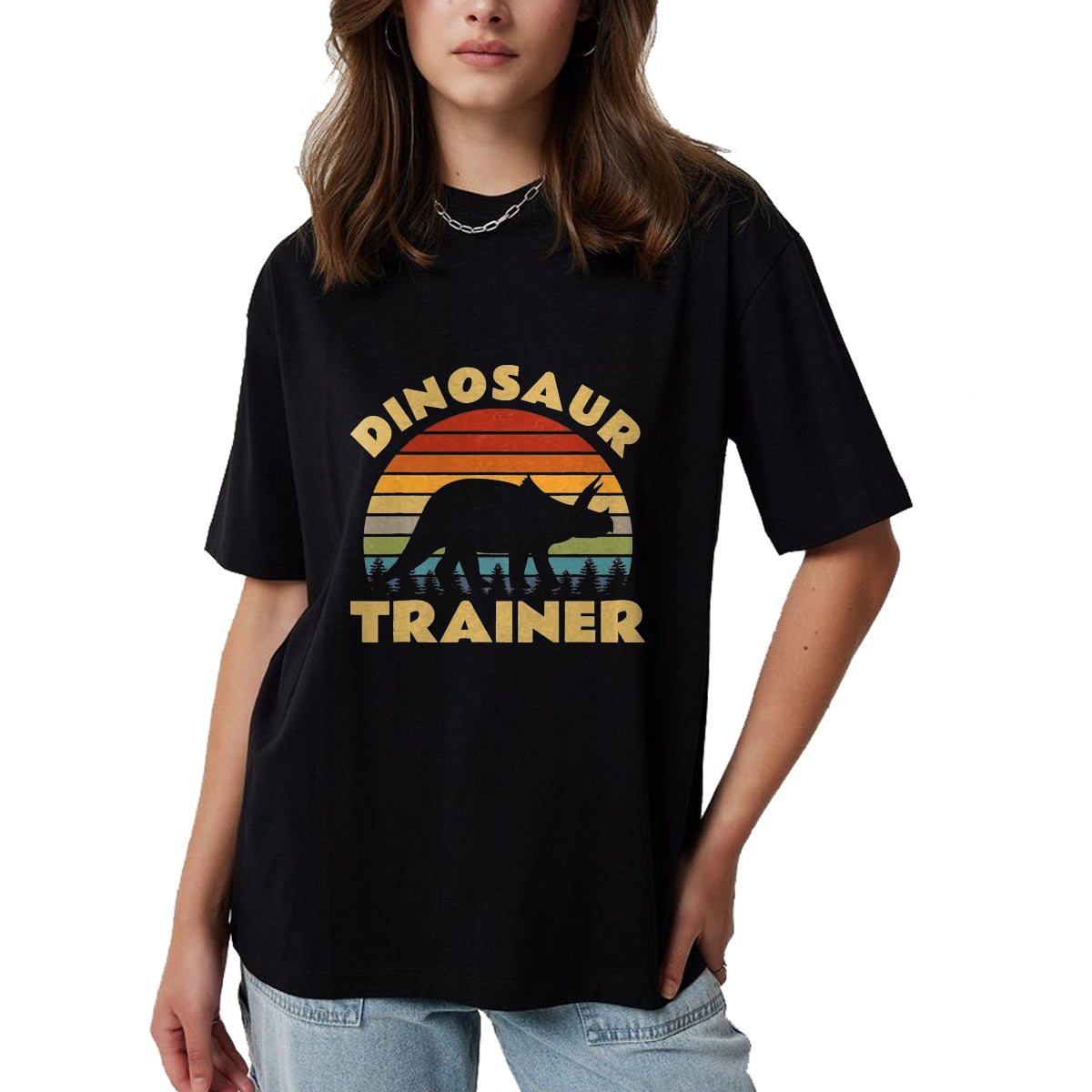 Best Dinosaur Lover Shirt, Funny Dinosaur UnisexT-Shirt/Hoodie/Sweatshirt HLT00 - Dinosaur Trainer Halloween Costume Retro Sunset Dino Outline T-Shirt, Men, Black, 3X-Large