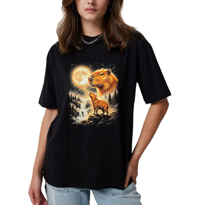 Cute Capybara Shirt, Funny Capybara Unisex T-Shirt/Hoodie/Sweatshirt HLT00 - Capybara Howling At The Moon Forest Waterfall Art T-Shirt