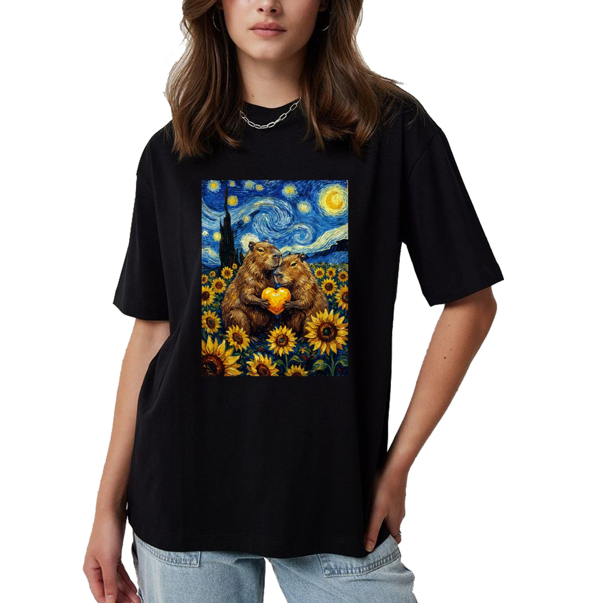 Cute Capybara Shirt, Funny Capybara Unisex T-Shirt/Hoodie/Sweatshirt HLT00 - Capybara Starry Night with Heart and Sunflowers Long Sleeve T-Shirt