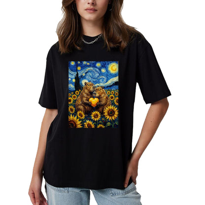 Cute Capybara Shirt, Funny Capybara Unisex T-Shirt/Hoodie/Sweatshirt HLT00 - Capybara Starry Night with Heart and Sunflowers Long Sleeve T-Shirt