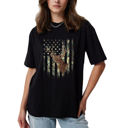 Funny Hunting Shirt, Gift For Hunting Lover Unisex T-Shirt/Hoodie/Sweatshirt HLT00 - American Flag Deer Hunting Camo T-Shirt