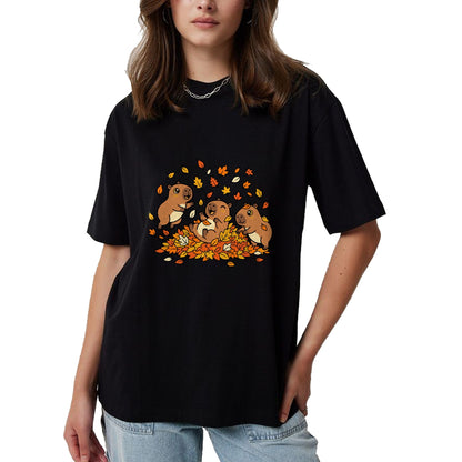Cute Capybara Shirt, Funny Capybara Unisex T-Shirt/Hoodie/Sweatshirt HLT00 - Cute Capybara Autumn Leaves Fall Season Animal T-Shirt