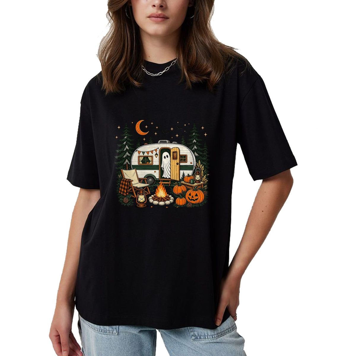Funny Camping Shirt, Gift For Camping Lover Unisex T-Shirt/Hoodie/Sweatshirt HLT00 - Halloween Ghost Fall RV Camping Autumn Moon Night Funny T-Shirt