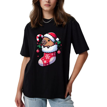 Cute Capybara Shirt, Funny Capybara Unisex T-Shirt/Hoodie/Sweatshirt HLT00 - Cute Capybara Wearing Santa Hat in Christmas Stocking Pajama T-Shirt