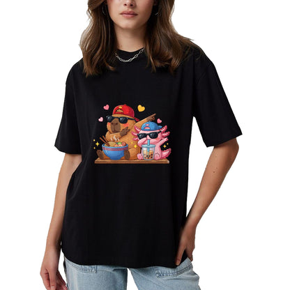 Cute Capybara Shirt, Funny Capybara Unisex T-Shirt/Hoodie/Sweatshirt HLT00 - Cute Dabbing Capybara Axolotl Boba Tea Ramen Boys Girls Kids T-Shirt