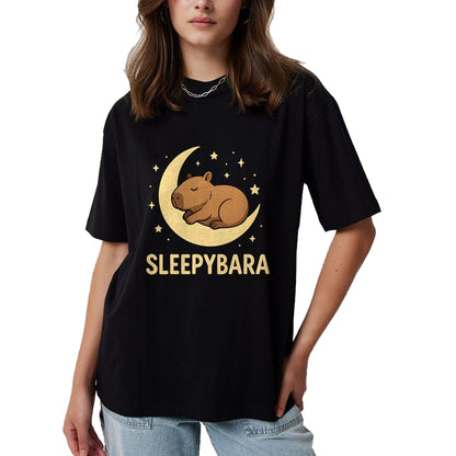 Cute Capybara Shirt, Funny Capybara Unisex T-Shirt/Hoodie/Sweatshirt HLT00 - Cute Sleepybara Funny Capybara Sleeping on Moon Graphic T-Shirt