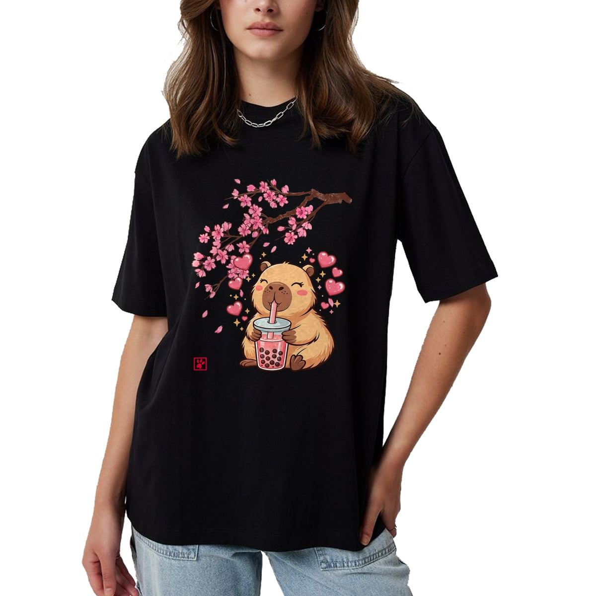Cute Capybara Shirt, Funny Capybara Unisex T-Shirt/Hoodie/Sweatshirt HLT00 - Cute Capybara Kawaii Anime Drinking Bubble Tea Sakura Japan T-Shirt