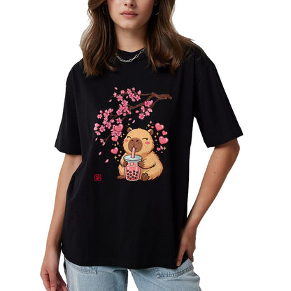 Cute Capybara Shirt, Funny Capybara Unisex T-Shirt/Hoodie/Sweatshirt HLT00 - Cute Capybara Kawaii Anime Drinking Bubble Tea Sakura Japan T-Shirt