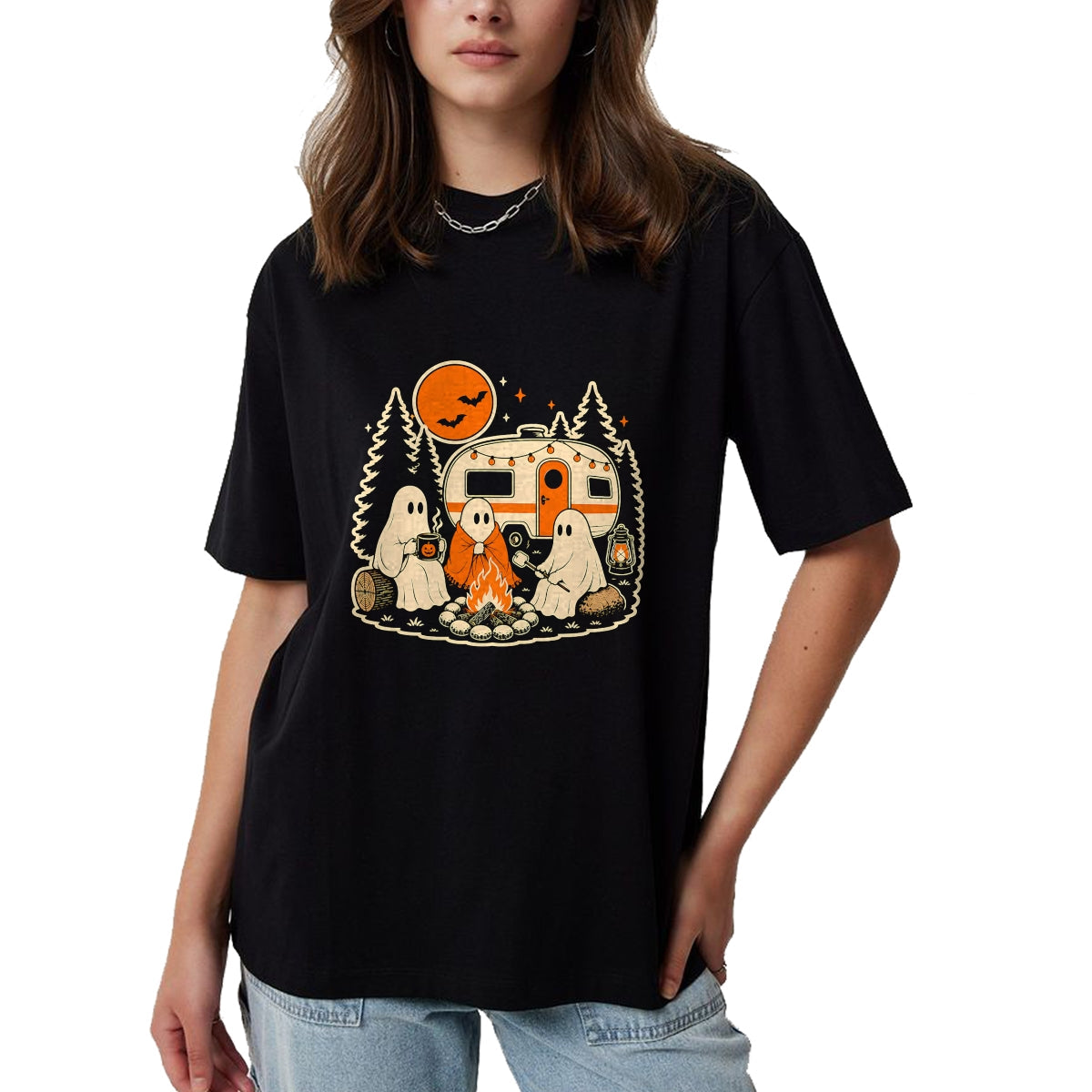 Funny Camping Shirt, Gift For Camping Lover Unisex T-Shirt/Hoodie/Sweatshirt HLT00 - Halloween Camping Ghost Camper Vintage Style T-Shirt