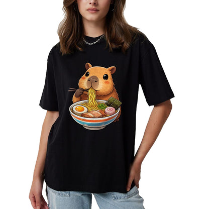 Cute Capybara Shirt, Funny Capybara Unisex T-Shirt/Hoodie/Sweatshirt HLT00 - Capybara Eating Ramen Noodles Japanese Kawaii Graphic T-Shirt