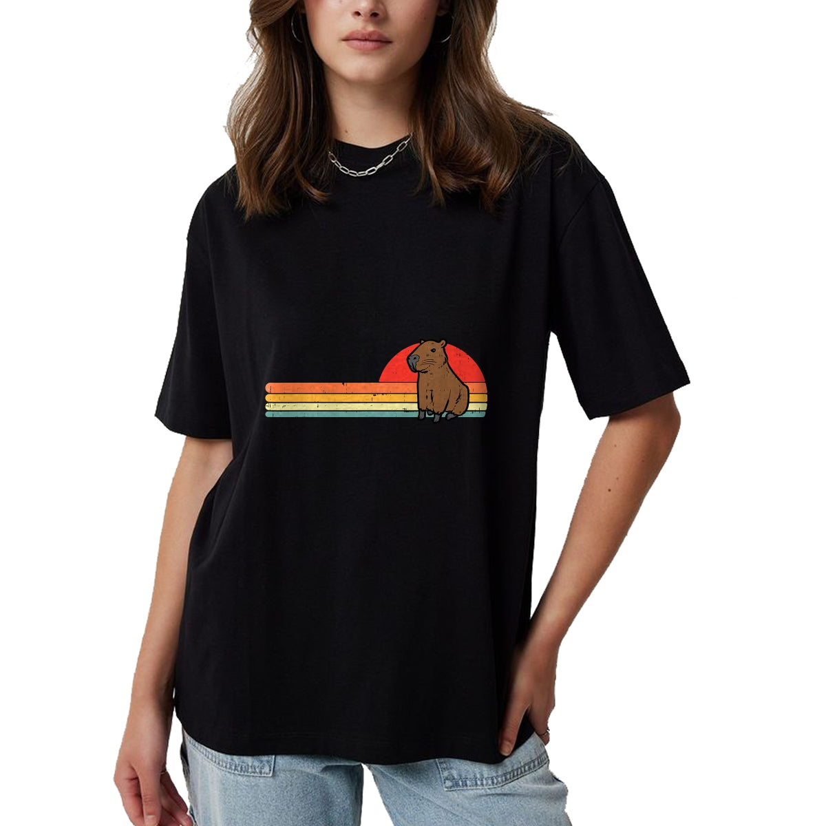 Cute Capybara Shirt, Funny Capybara UnisexT-Shirt/Hoodie/Sweatshirt HLT00 - Capybara Chest Sunset Retro Capy Rodent Men Women Kids Youth T-Shirt