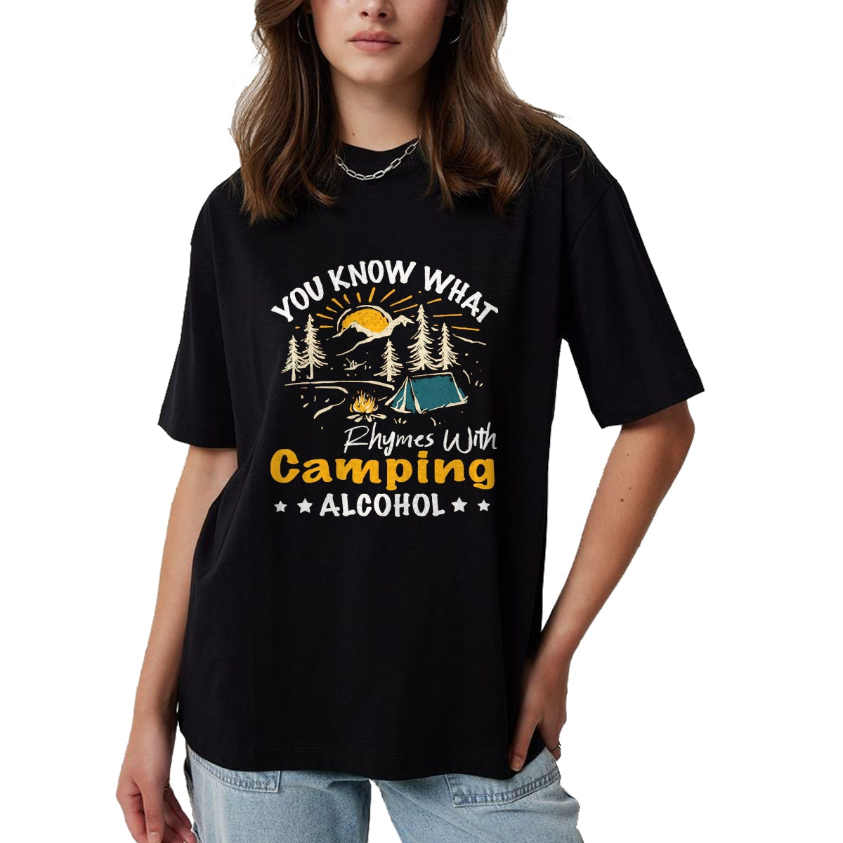 Funny Camping Shirt, Gift For Camping Lover Unisex T-Shirt/Hoodie/Sweatshirt HLT00 - You Know What Rhymes with Camping Alcohol Hiking Adventure T-Shirt, Men, Black, Medium