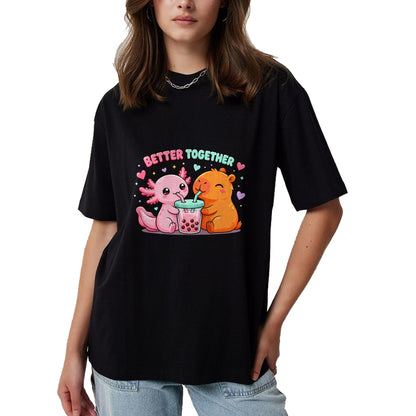 Cute Capybara Shirt, Funny Capybara Unisex T-Shirt/Hoodie/Sweatshirt HLT00 - Cute Capybara and Axolotl Bubble Tea Boba Girls Kawaii Anime T-Shirt (2)