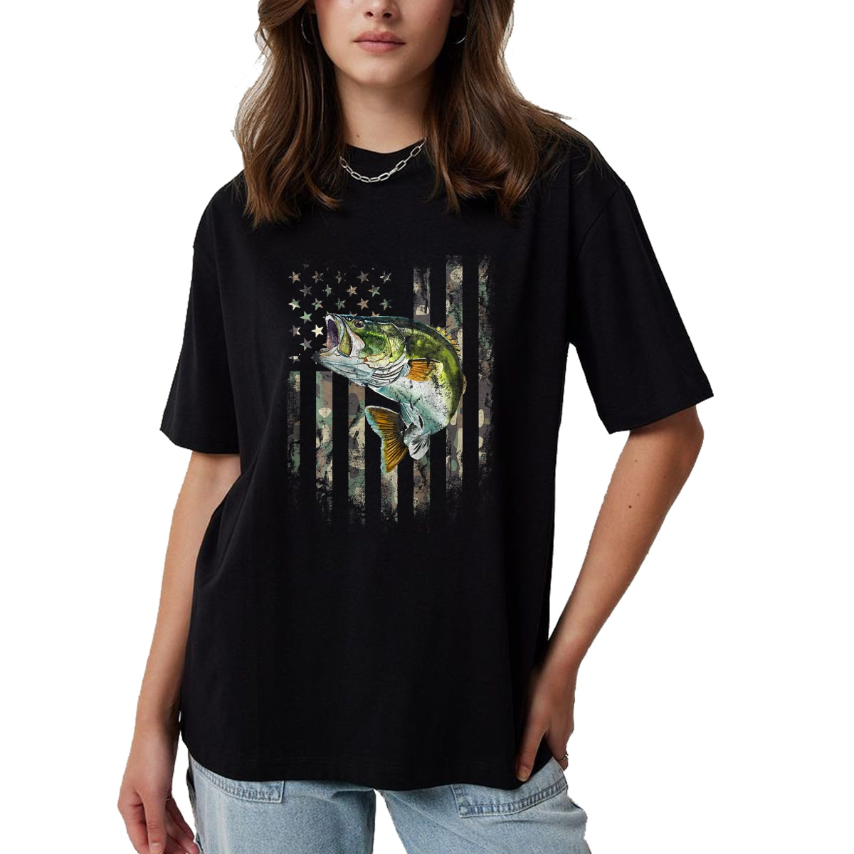 Funny Fishing Shirt, Gift For Fishing Lover Unisex T-Shirt/Hoodie/Sweatshirt HLT00 - (Art on Back) American Flag Camo Bass Fish Fishing T-Shirt