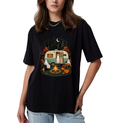 Funny Camping Shirt, Gift For Camping Lover Unisex T-Shirt/Hoodie/Sweatshirt HLT00 - Halloween Ghost Rv Camping Fall Camper Pumpkin Camper Autumn T-Shirt